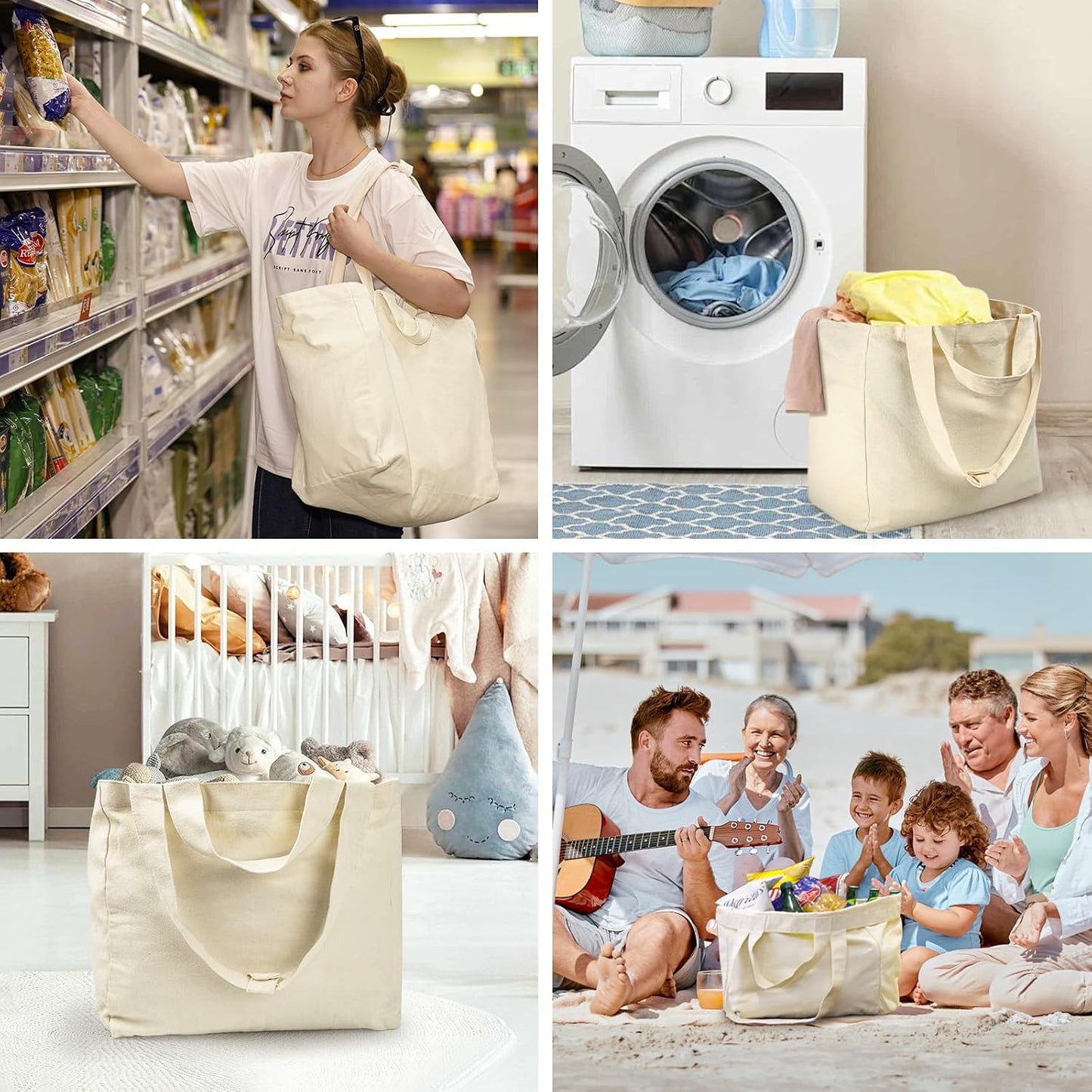 VitaSerena Reusable Canvas Grocery Bags with Dual Handles 3pc XL Set | Machine Washable, Shrink Resistant, 6 Inner Pockets, Heavy Duty, foldable, Water Resistant Bottom