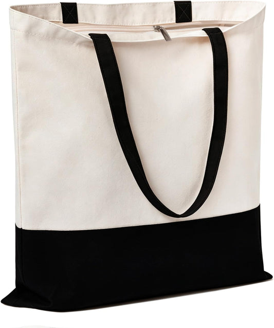 Canvas Tote Bag with Zipper for Women, Halloween Trick or Treat Bags Bulk | 13.8" x 15.3" Fashionable Two-Tone Cotton Tote Bag for Crafts, DIY Your Creative Designs