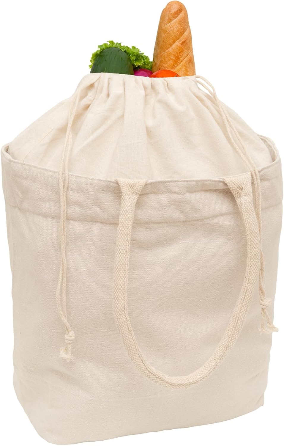 Cloth Grocery Bags with Handles - 100% Sturdy Canvas Cotton, 70 Lb Capacity Tote Bags with Overflow Protection Using Drawstring Closure - Soft Rope Handles to Carry Groceries Conveniently (2 Bags)