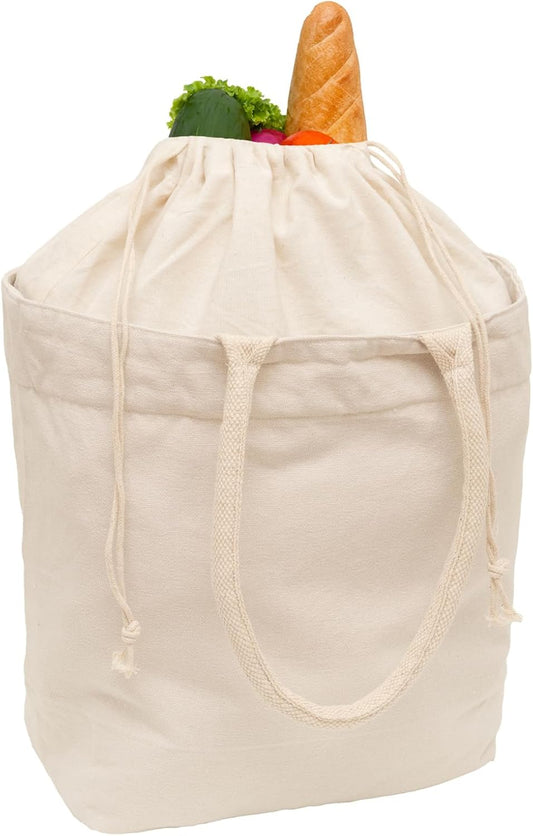 Cloth Grocery Bags with Handles - 100% Sturdy Canvas Cotton, 70 Lb Capacity Tote Bags with Overflow Protection Using Drawstring Closure - Soft Rope Handles to Carry Groceries Conveniently (2 Bags)