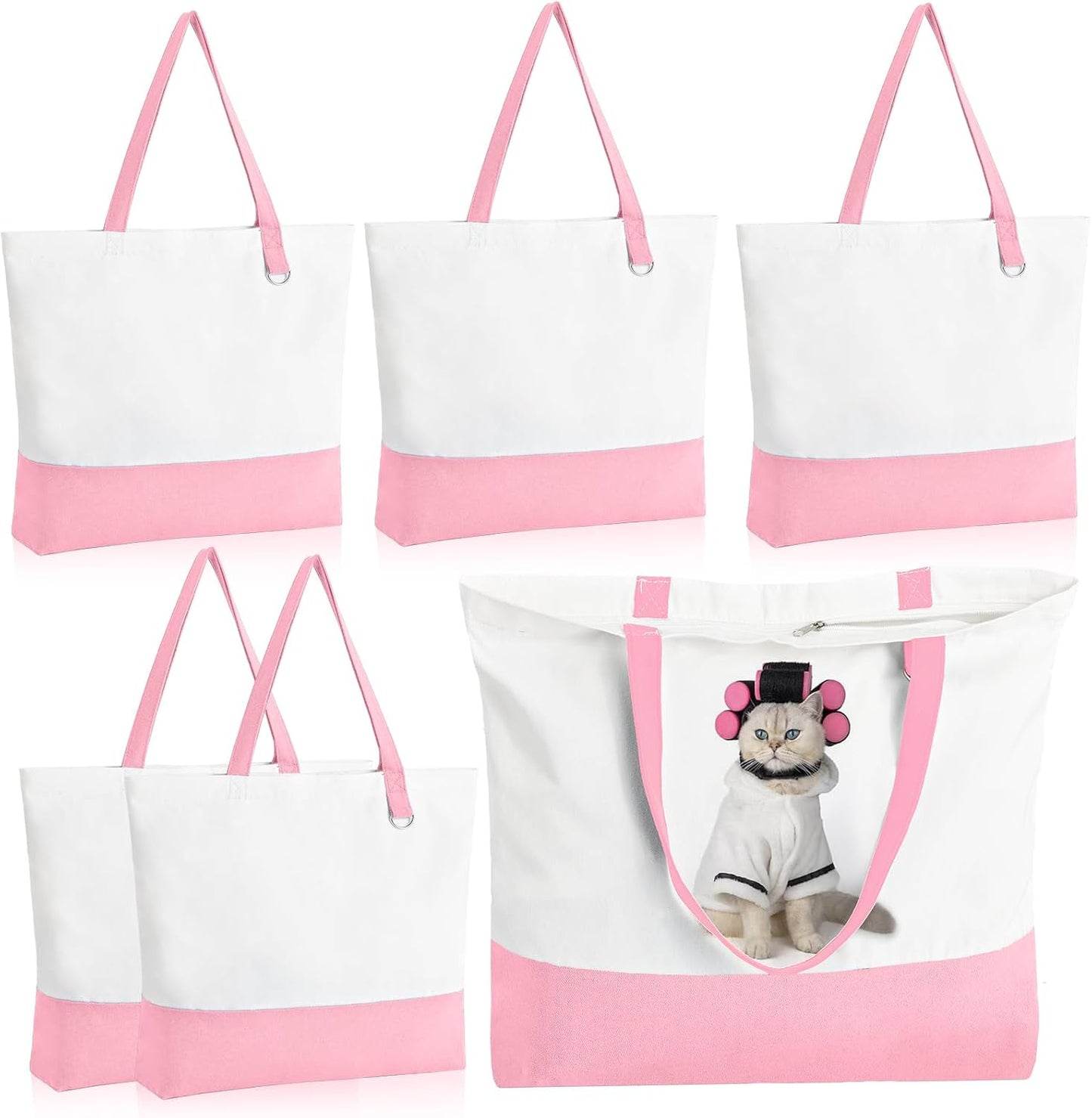 1 Pack Canvas Tote Bag with Zipper, Large Reusable Grocery Tote, Pink | Blank bag, washable, inner pocket, flat bottom, sturdy handle, for sublimation DIY/transfer, travel/beach/Christmas crafts