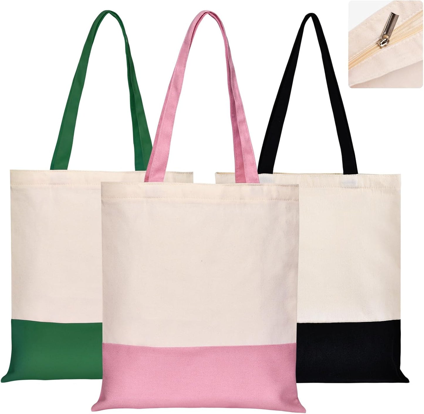 Canvas Tote Bag with Zipper for Women, Halloween Trick or Treat Bags Bulk | 13.8" x 15.3" Fashionable Two-Tone Cotton Tote Bag for Crafts, DIY Your Creative Designs