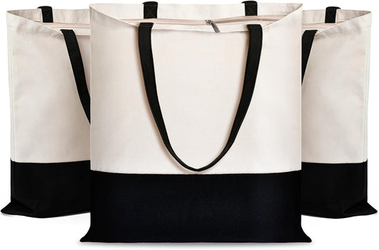 Canvas Tote Bag with Zipper for Women, Halloween Trick or Treat Bags Bulk | 13.8" x 15.3" Fashionable Two-Tone Cotton Tote Bag for Crafts, DIY Your Creative Designs