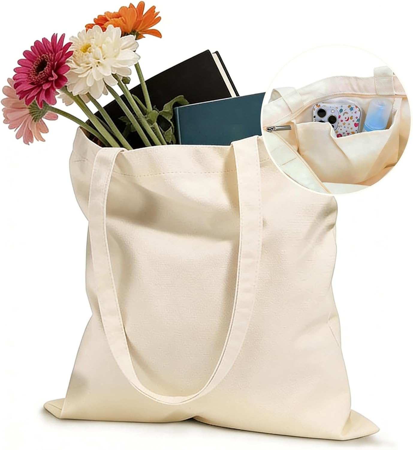 Canvas Tote Bag with Zipper for Women, Halloween Trick or Treat Bags Bulk | 13.8" x 15.3" Fashionable Two-Tone Cotton Tote Bag for Crafts, DIY Your Creative Designs