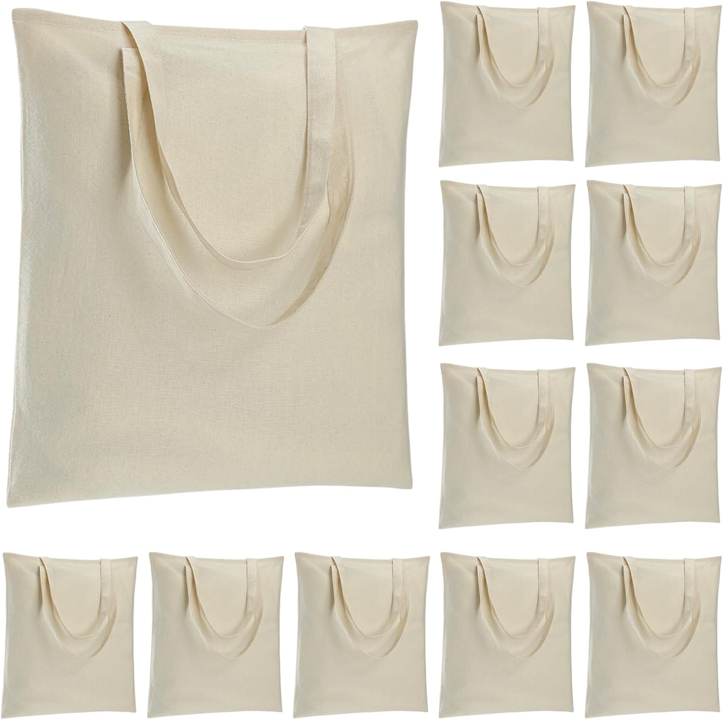 Carbrea 12 Pack Thin Canvas Tote Bags Bulk, Reusable Grocery Bags - Beige | Lightweight, 5oz Natural Canvas, Reinforced Stitches, Blank Design, Ideal for Shopping DIY Sublimation Activity Gift