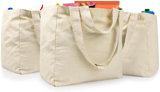 VitaSerena Reusable Canvas Grocery Bags with Dual Handles 3pc XL Set | Machine Washable, Shrink Resistant, 6 Inner Pockets, Heavy Duty, foldable, Water Resistant Bottom