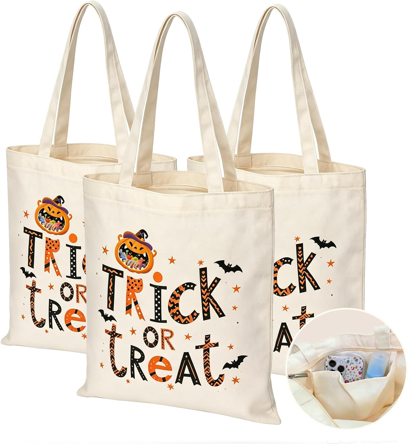 Canvas Tote Bag with Zipper for Women, Halloween Trick or Treat Bags Bulk | 13.8" x 15.3" Fashionable Two-Tone Cotton Tote Bag for Crafts, DIY Your Creative Designs
