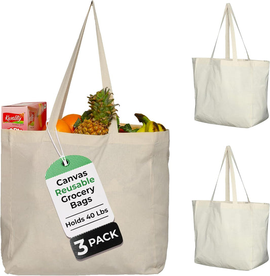 Greenmile 6 Pack Canvas Reusable Grocery Bags - Cotton Canvas Grocery Bag Cloth Shopping Tote With Long Handles Bulk - Heavy Duty Grocery Tote Bag - Large, Foldable and Lightweight - Capacity 40 lbs