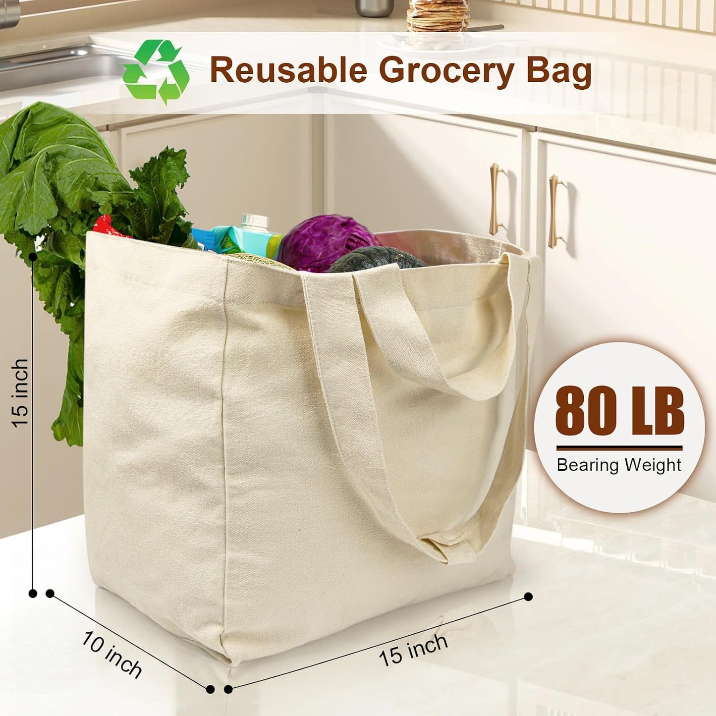 VitaSerena Reusable Canvas Grocery Bags with Dual Handles 3pc XL Set | Machine Washable, Shrink Resistant, 6 Inner Pockets, Heavy Duty, foldable, Water Resistant Bottom