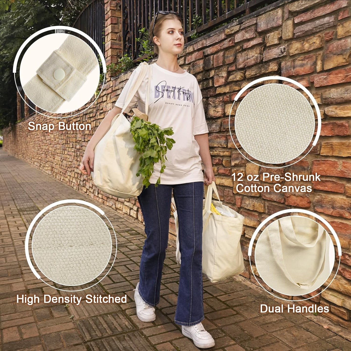 VitaSerena Reusable Canvas Grocery Bags with Dual Handles 3pc XL Set | Machine Washable, Shrink Resistant, 6 Inner Pockets, Heavy Duty, foldable, Water Resistant Bottom