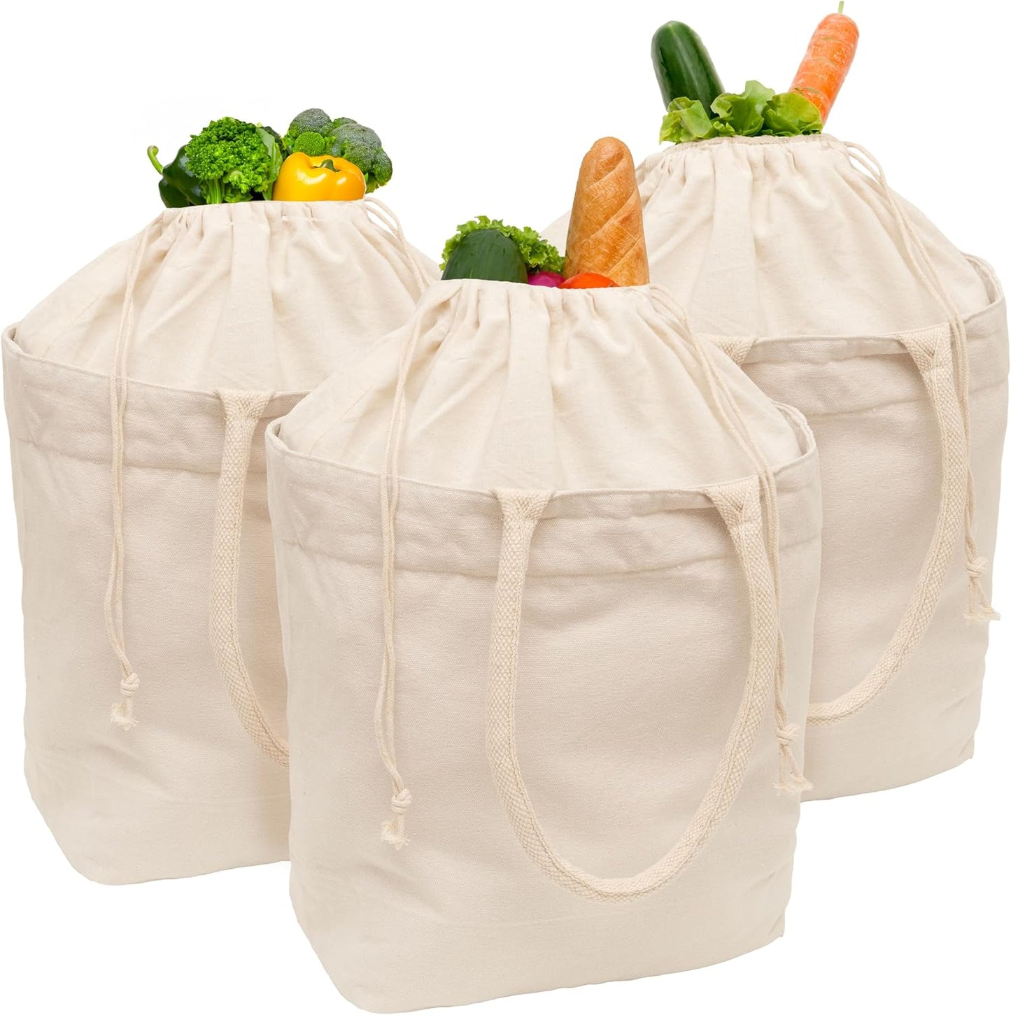 Cloth Grocery Bags with Handles - 100% Sturdy Canvas Cotton, 70 Lb Capacity Tote Bags with Overflow Protection Using Drawstring Closure - Soft Rope Handles to Carry Groceries Conveniently (2 Bags)